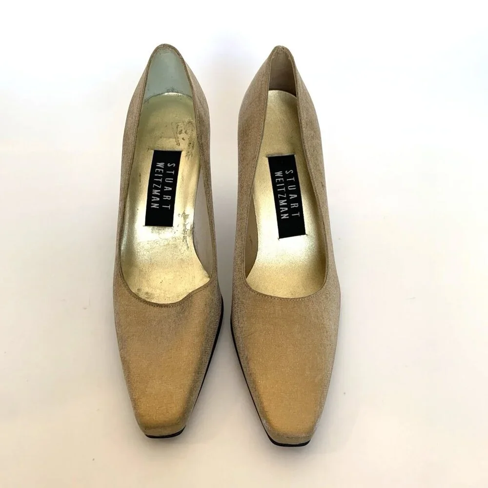 Stuart Weitzman Womans Size 5 1/2 B Gold Satin Square Toe Pumps High Heel Shoes - Picture 4 of 15